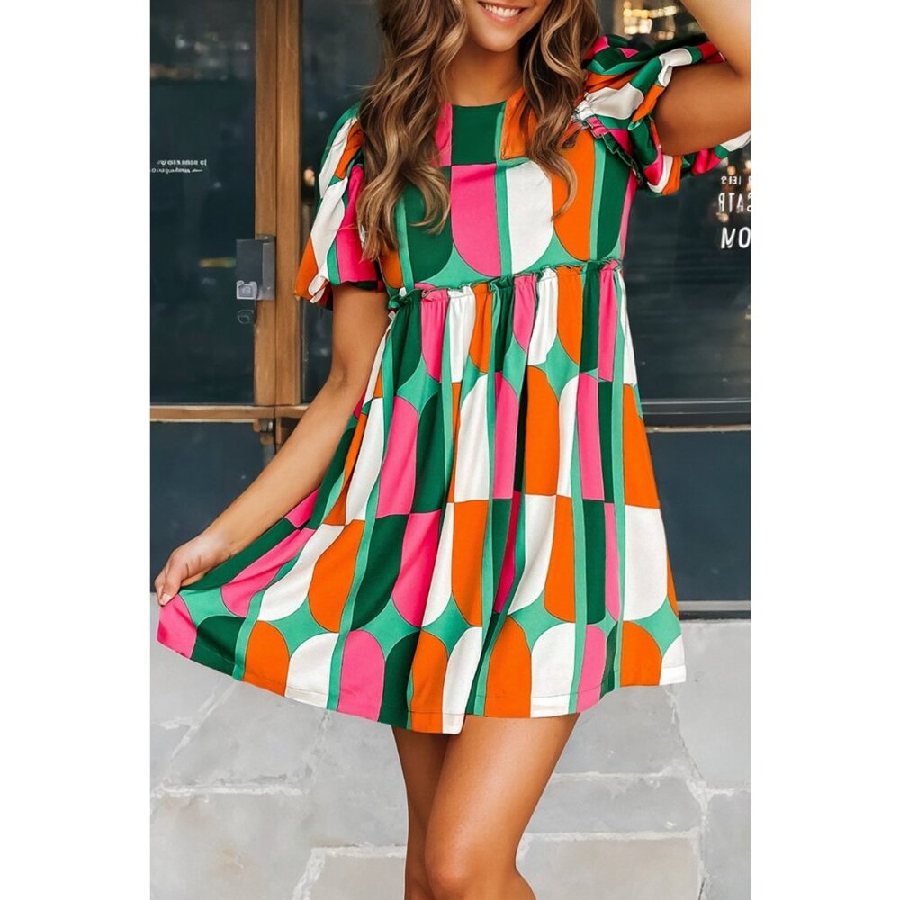 NWT Green Abstract Print Puff Sleeve Short Dress